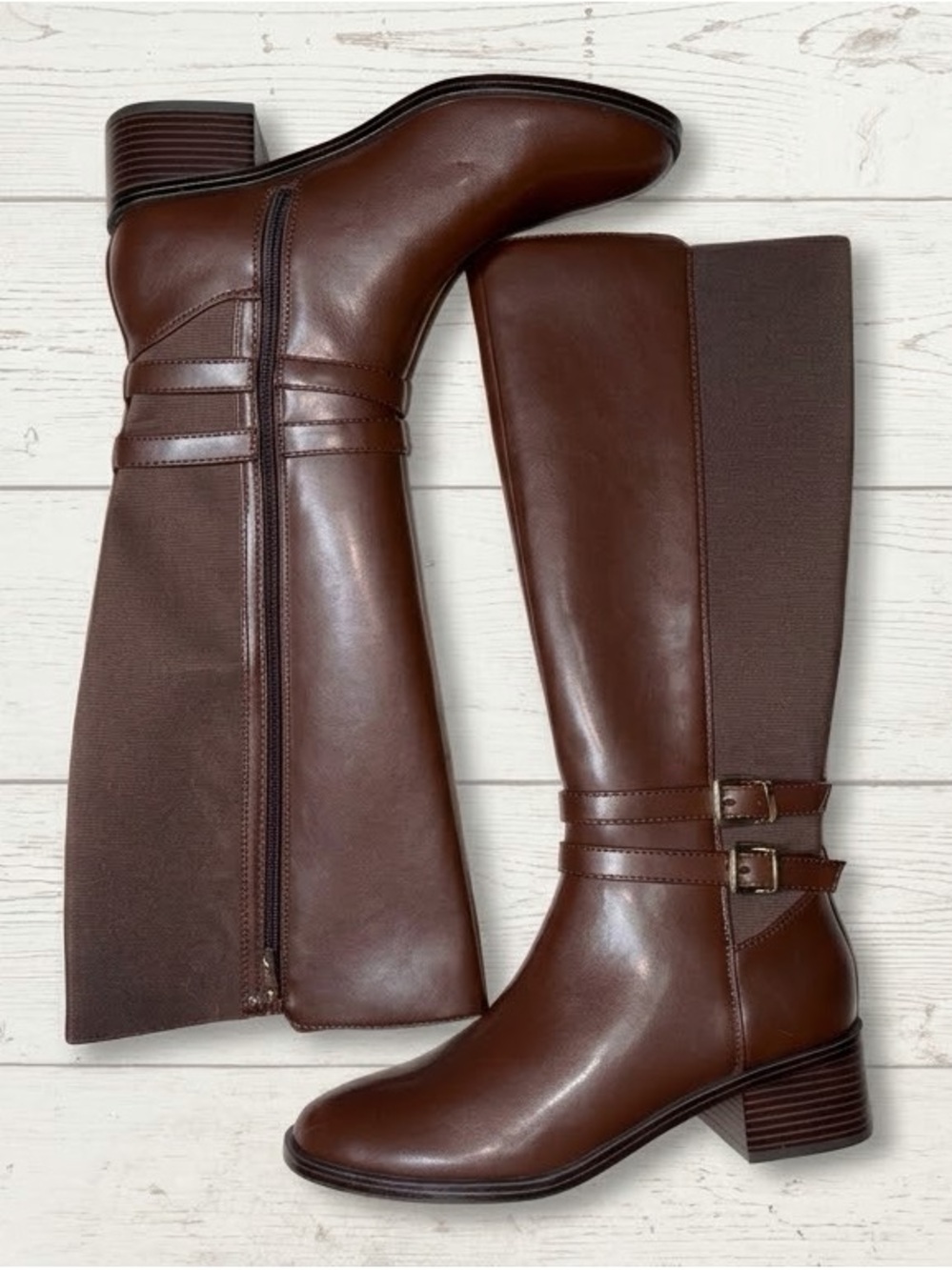 NWT Unisa Waylee Brown Knee-High Riding Boots Dual Buckle Low Stacked Heel 9.5M